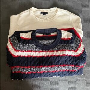 Tommy Hilfiger Navy, White & Red Cable-Knit Crewneck Sweater